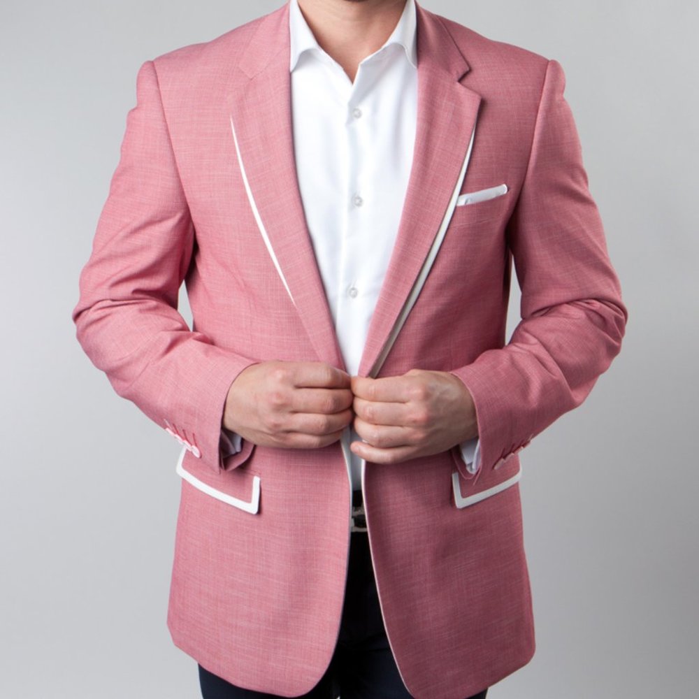 Luxurious Men's Salmon Pink Suit Jacket With White Trim - Picture 5 of 5